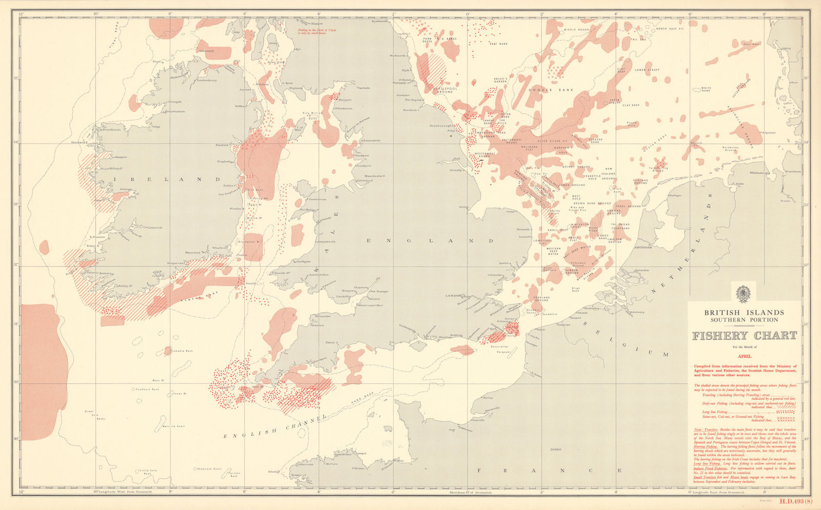 British Isles South April Fishery Chart English Channel Irish North Sea 1953 map